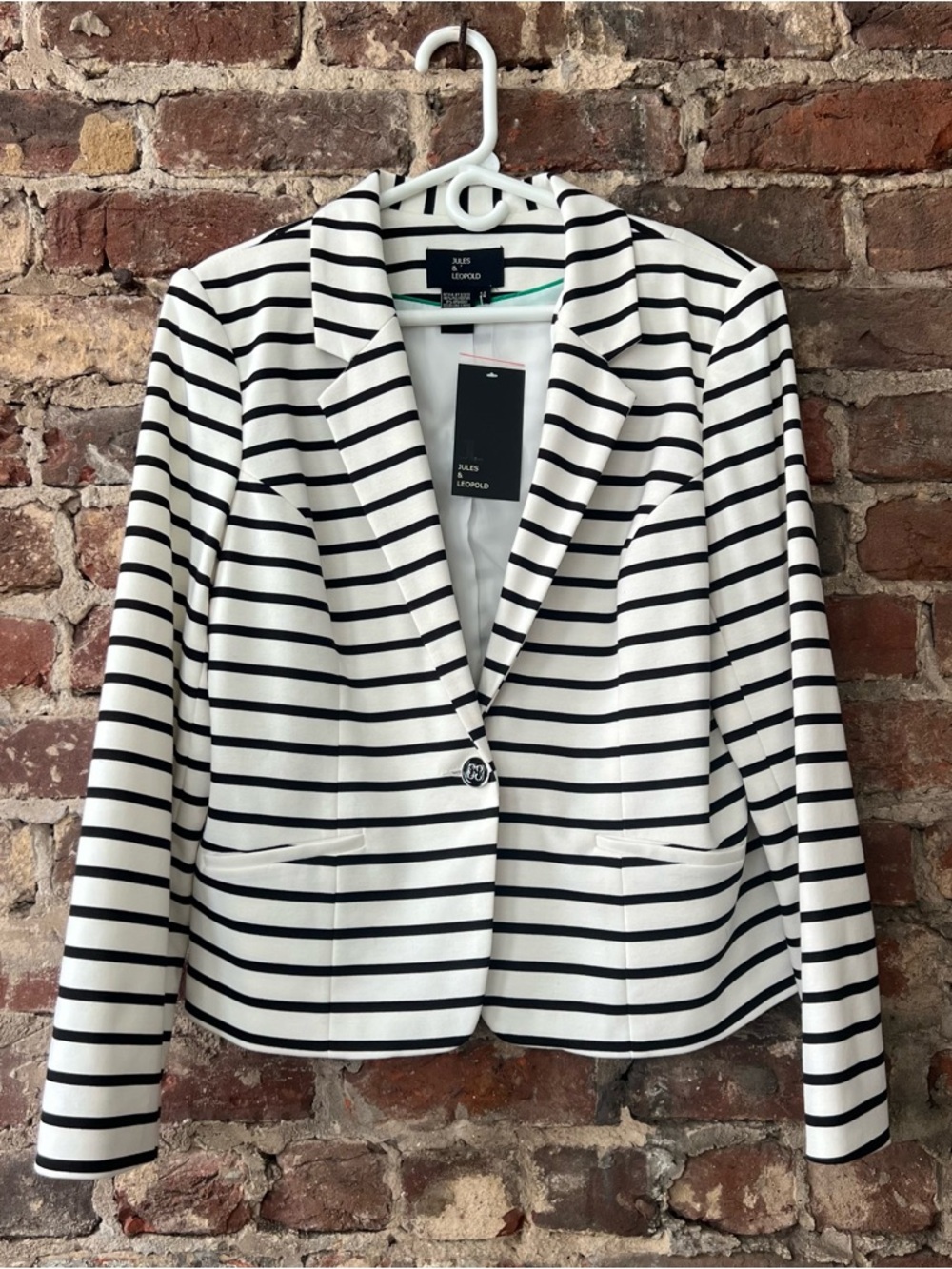 Jules & Leopold Black and White Striped Notch Lapel Blazer